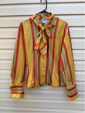 Vintage Hermès Paris Silk Tie Neck Blouse Striped Multicolor Size 40